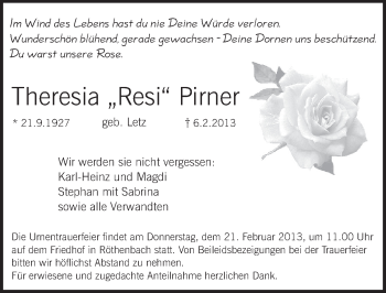 Traueranzeige von Theresia Pirner von Pegnitz-Zeitung